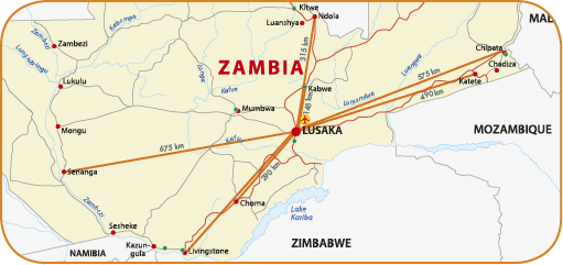 Picture: Approximately travel distances, by road, between Zambia’s provincial psychiatric units and Lusaka’s Chainama Hills Hospital. © MDAC.